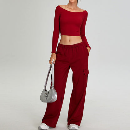 off shoulder long sleeve sports top + Straight Leg Cargo pants 2-piece set