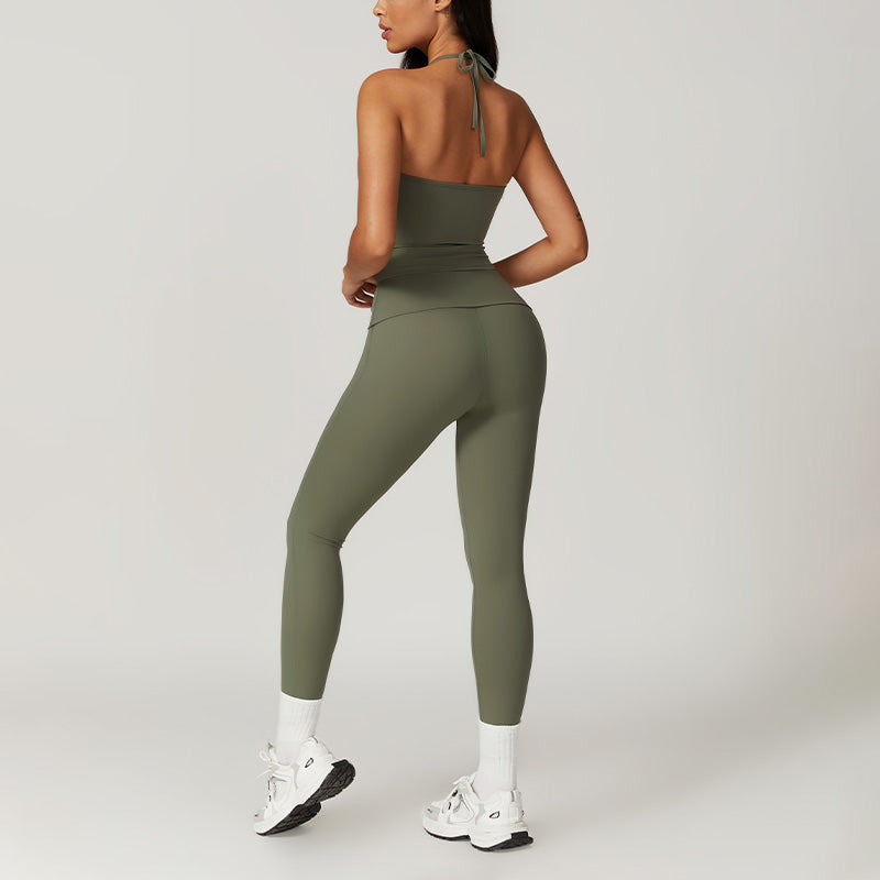 Quick-Dry U Neck Halter Sports Top+Leggings 2 Pieces Set