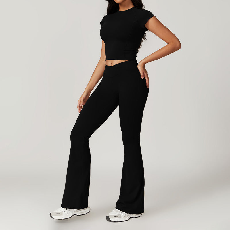 Ultra-Soft Quick-Dry Short Sleeve Top & High Waist Sports Flare Pants Sets