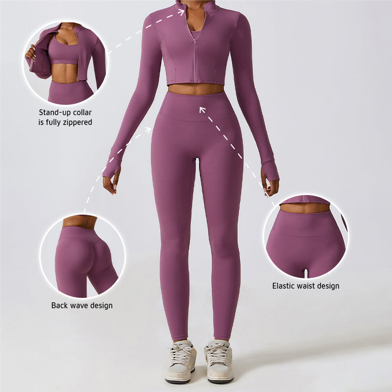 High waist elastic yoga jacket three-piece set