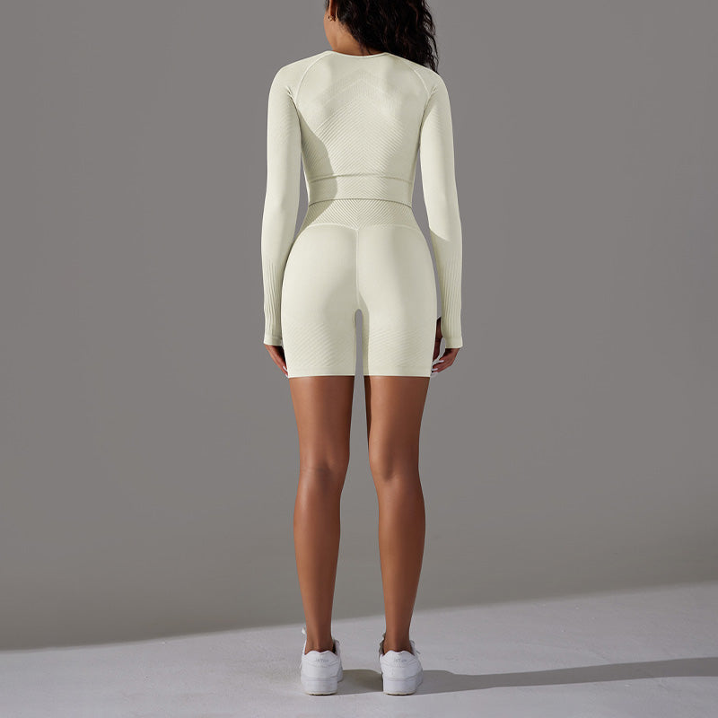 Seamless Knitting Sports Long Sleeve Top + High-Waisted Shorts Set