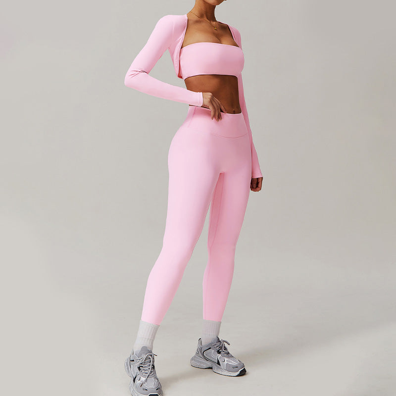 Solid elastic bra+long sleeve top+hip-lifting leggings 3 pieces set