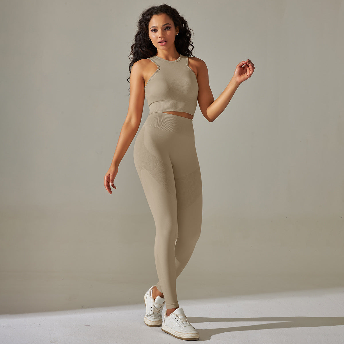 Solid Color Seamless Thread Sports Top & Leggings 2-Piece Set