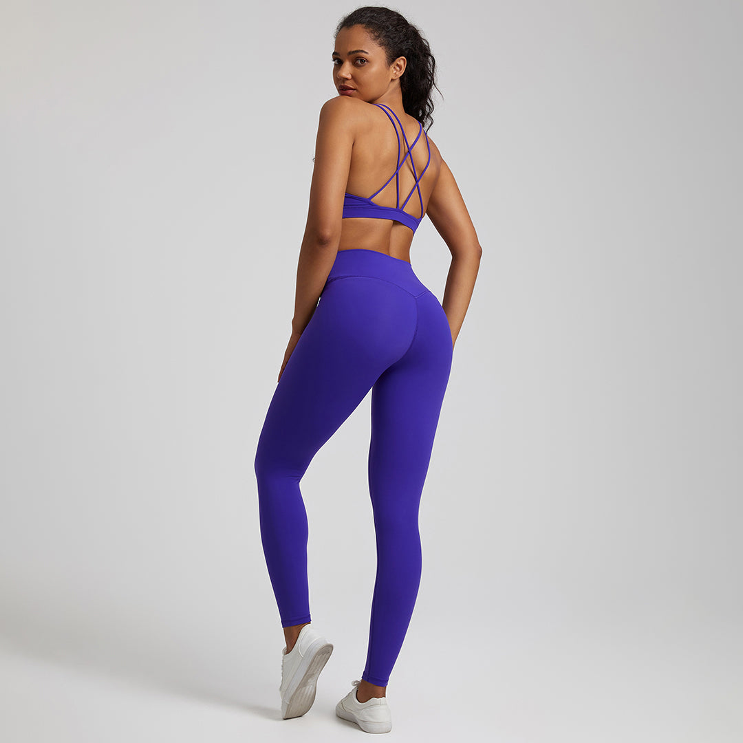 high elastic back cross over bra+sports leggings 2-piece set