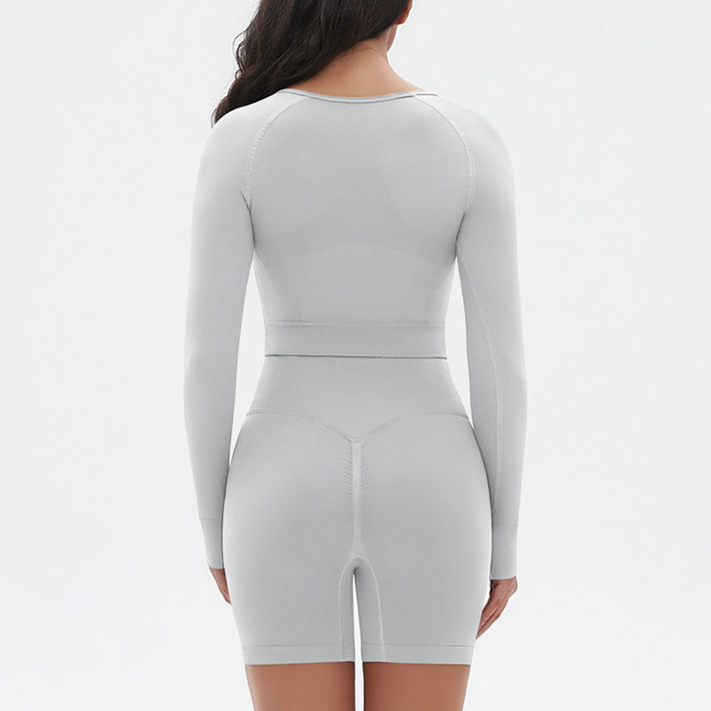 Seamless Sports Long Sleeve Top + High-Waisted Shorts Set