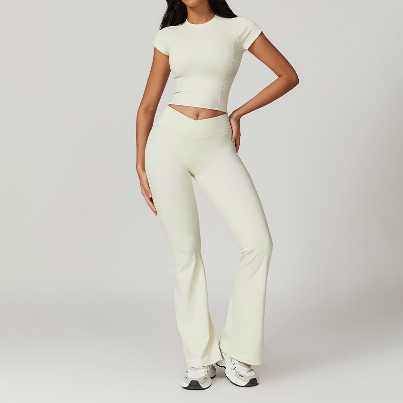 Ultra-Soft Quick-Dry Short Sleeve Top & High Waist Sports Flare Pants Sets