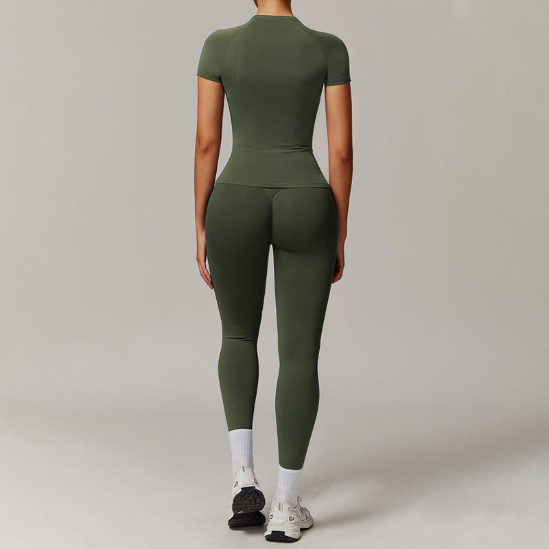 Threaded seamless short sleeve top+ tight leggings 2 pieces set