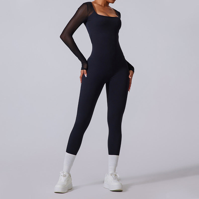 Backless Mesh integrated long sleeved jumpsuit