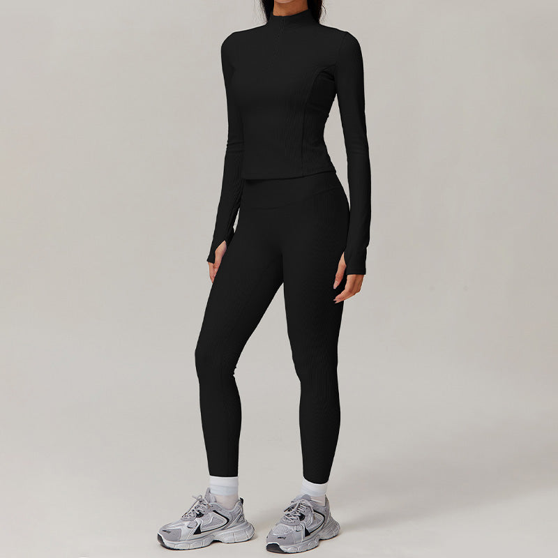 Long sleeve and half zipper top + High-waisted leggings 2-piece set