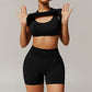 Threaded seamless short sleeve top+bra+ shorts 3 pieces set