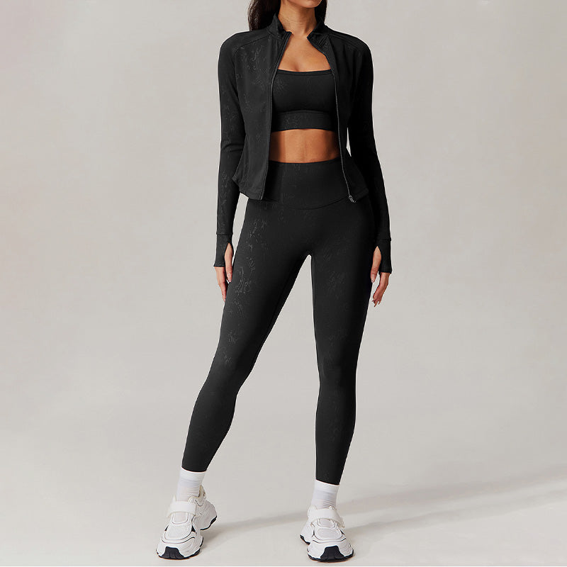 gold stamping Long Sleeve Fitness jacket + High waist leggings 2-piece set