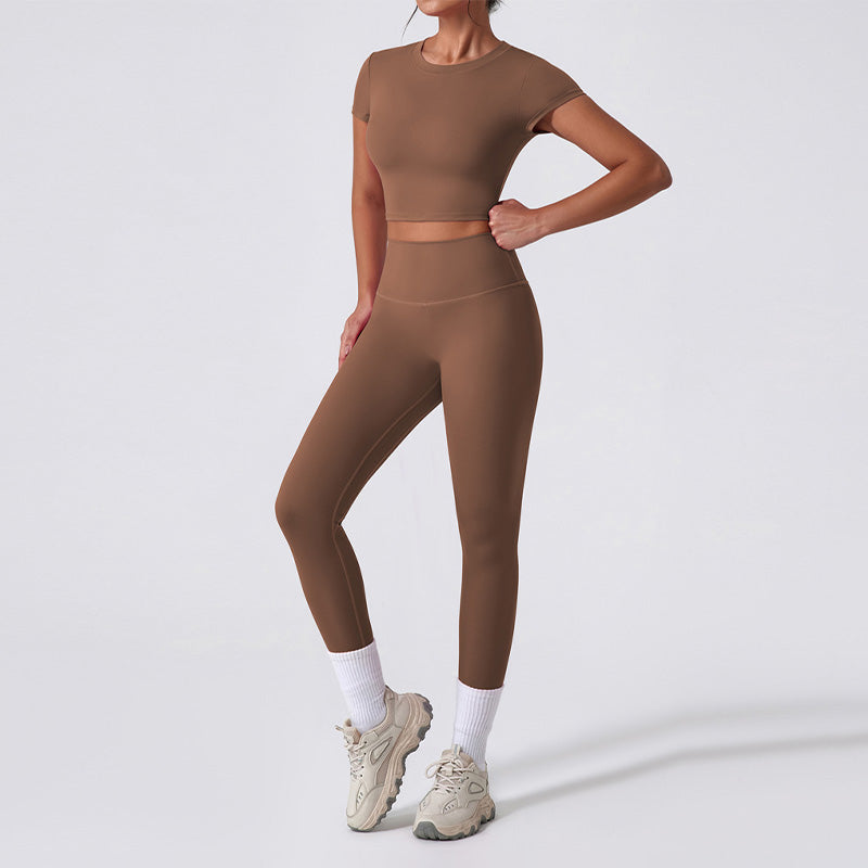 Quick drying nude fitness short sleeve top & running leggings set