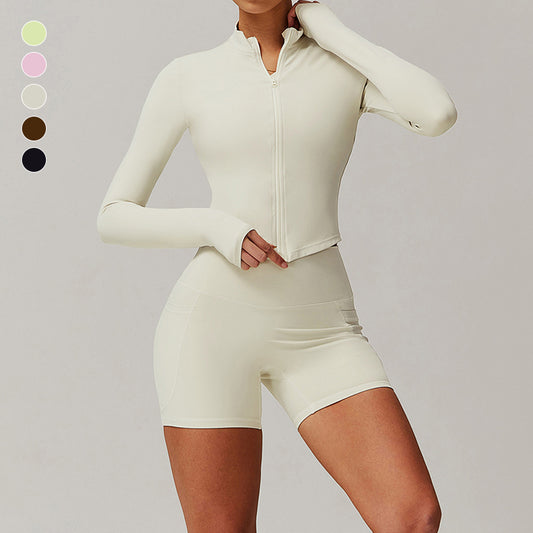 Long Sleeve Fitness jacket + High waist shorts 2-piece set