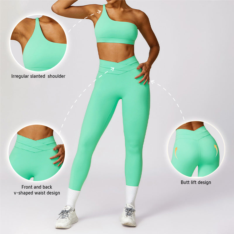 Quick-Dry one shoulder Fitness Bra + High waist leggings 2-pieces set