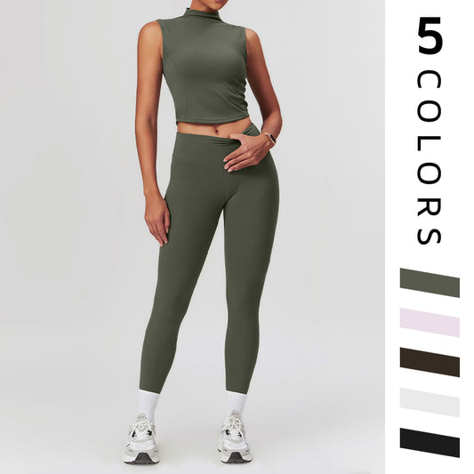 High Collar Sports Tank Top + Skinny Leggings 2 piece Set