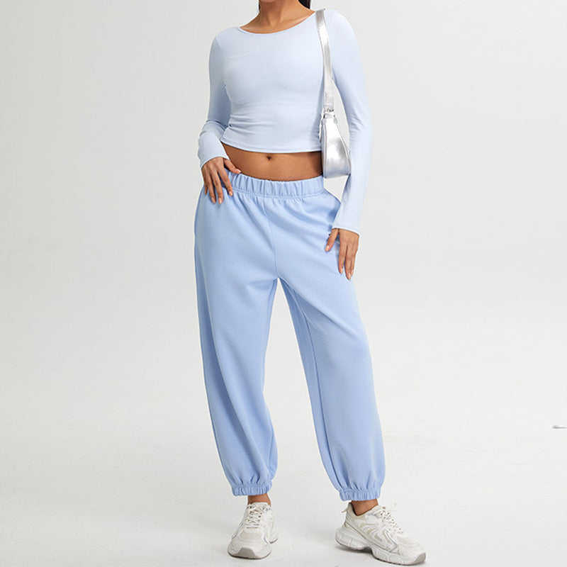 long sleeved Backless top And Elastic Leg Sweatpants 2-piece Set