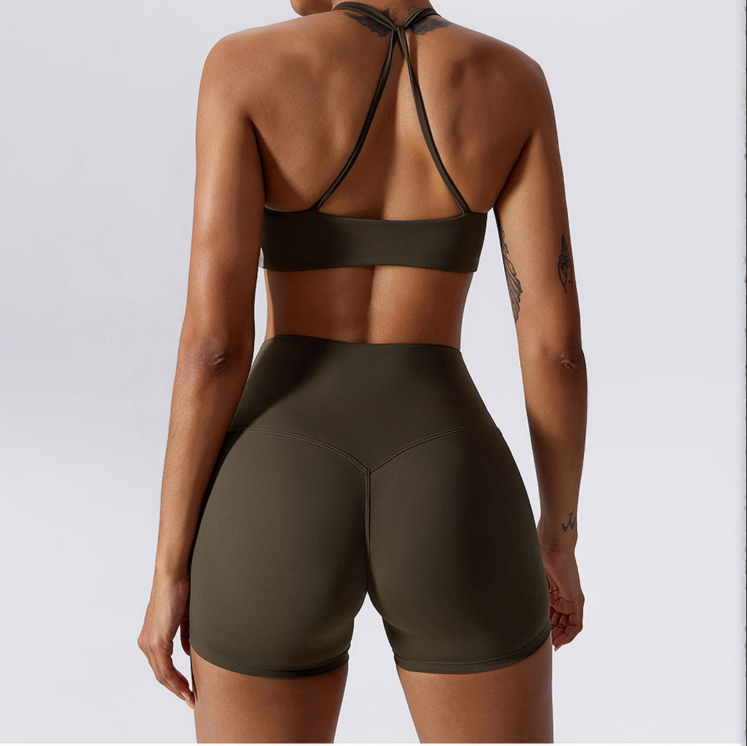 Solid bottom crossover bra + shorts 2-piece set