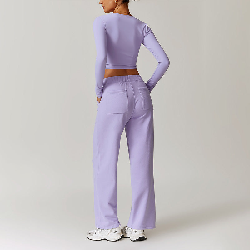 Casual high-waisted straight leg sweatpants and slimming long-sleeved Set