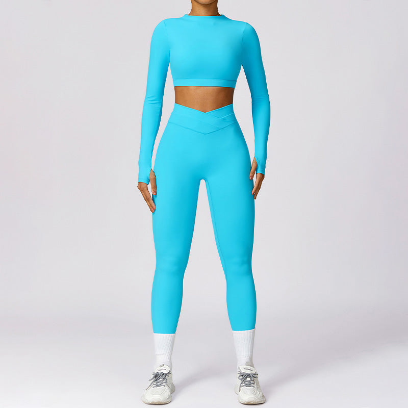 Quick-Dry long sleeve sports crop top + High waist legging 2-pieces set