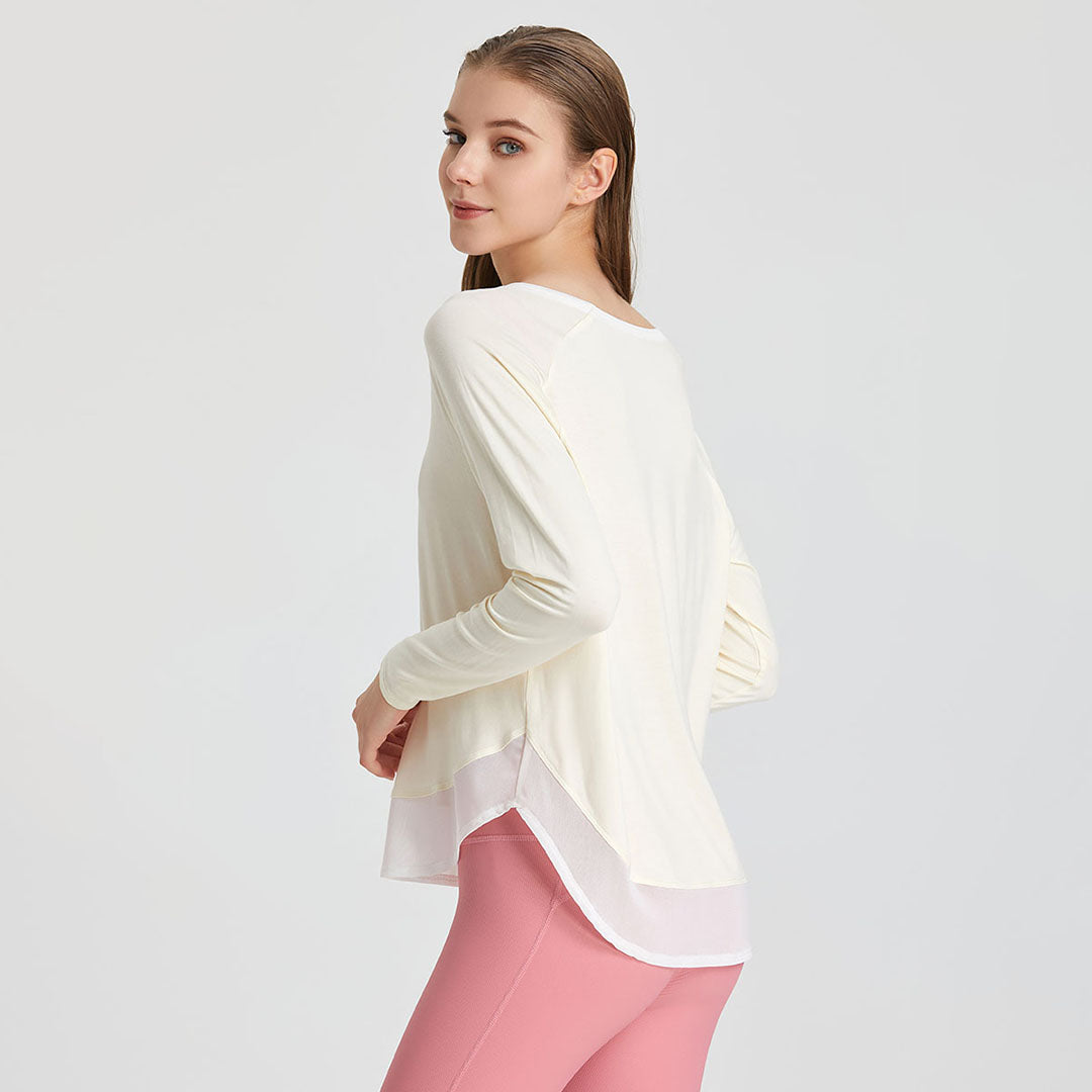 Solid loose long-sleeved paneled T-shirt