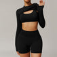 Threaded seamless long-sleeved top+bra+ high waist shorts 3 pieces set