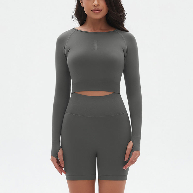 Seamless Sports Long Sleeve Top + High-Waisted Shorts Set