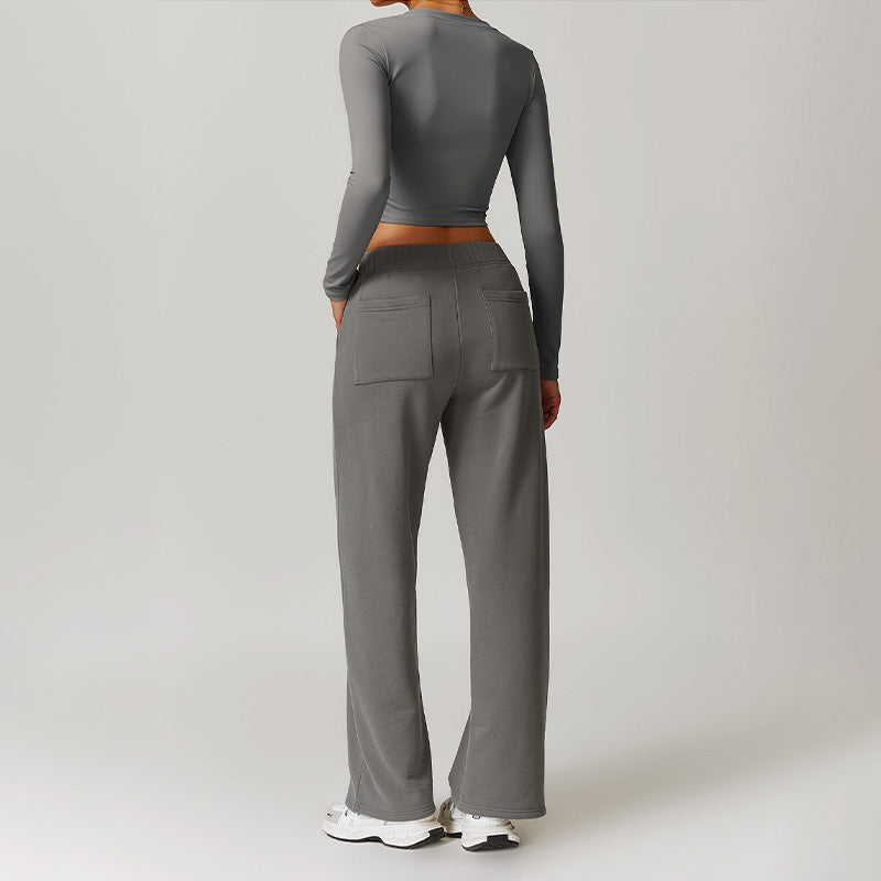 Casual high-waisted straight leg sweatpants and slimming long-sleeved Set