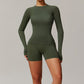 Threaded seamless long-sleeved top+ high waist shorts 2 pieces set