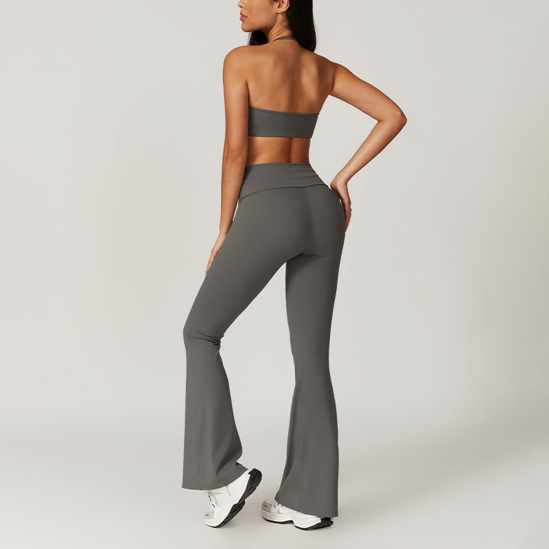 Quick Dry Halterneck Bra +Flare Leg Pants-2 Pieces Set