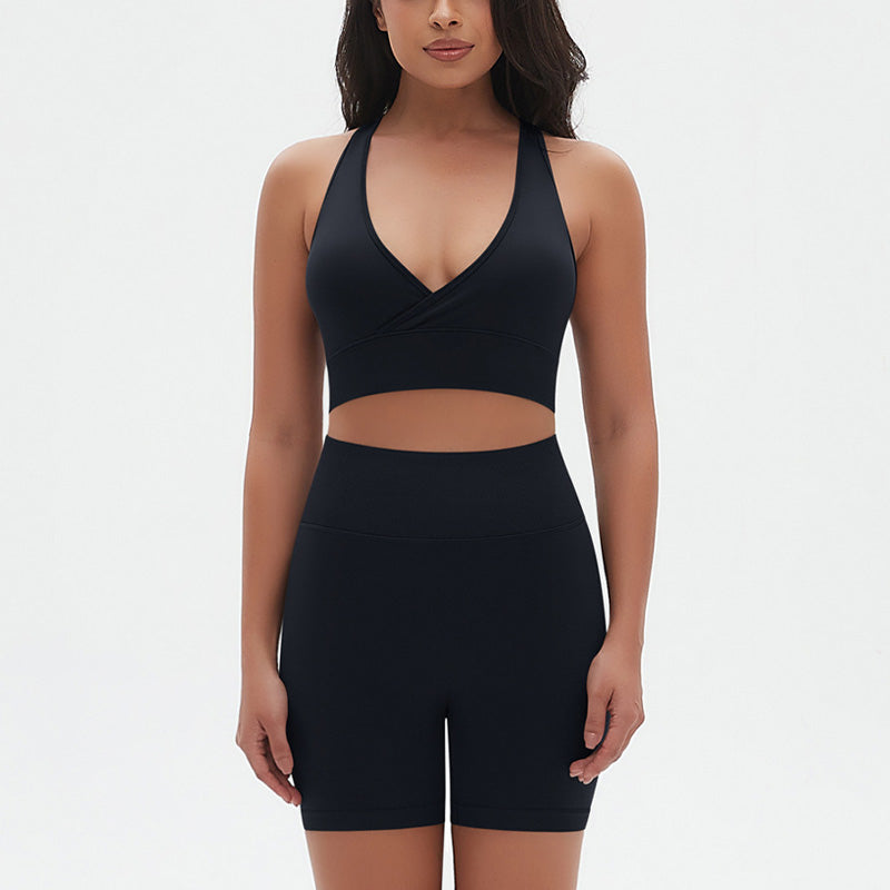 Seamless Cross V Neck Sports Bra + High-Waisted Shorts Set