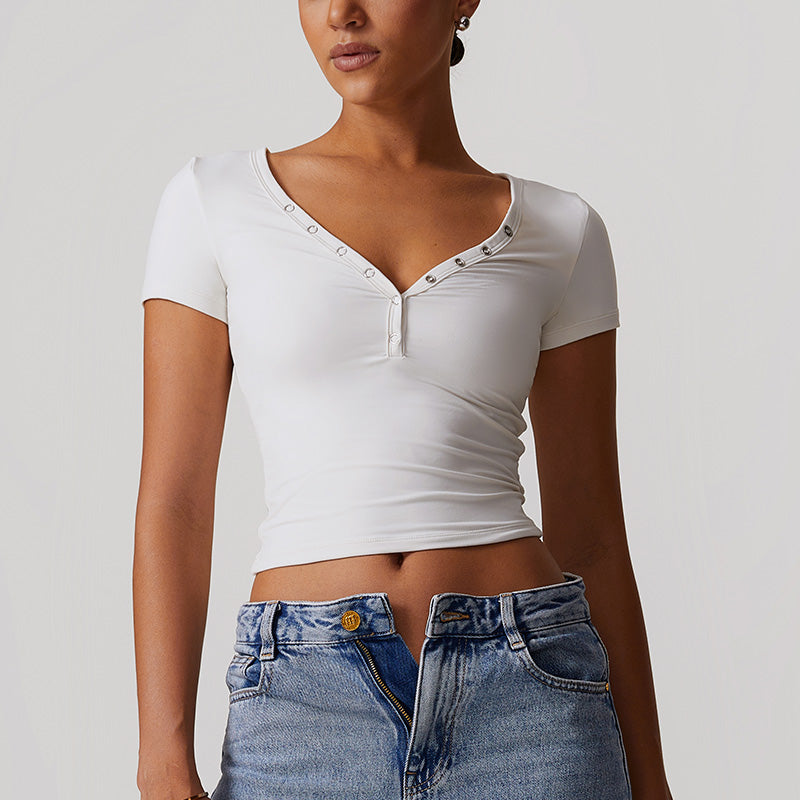 Breathable Buttons V Neck Short Sleeve Crop Top