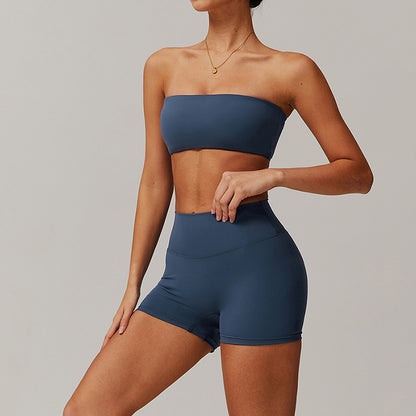 Nude tube top with sports bra+Solid High-waist shorts 2 pieces set