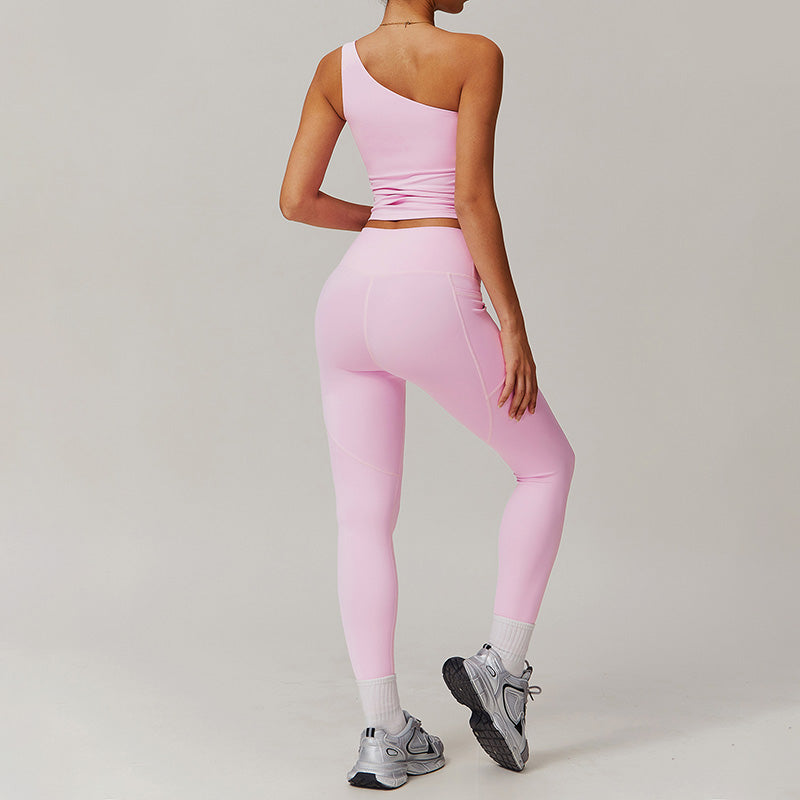 Quick-dry one shoulder sports top + High waist leggings 2 pieces set