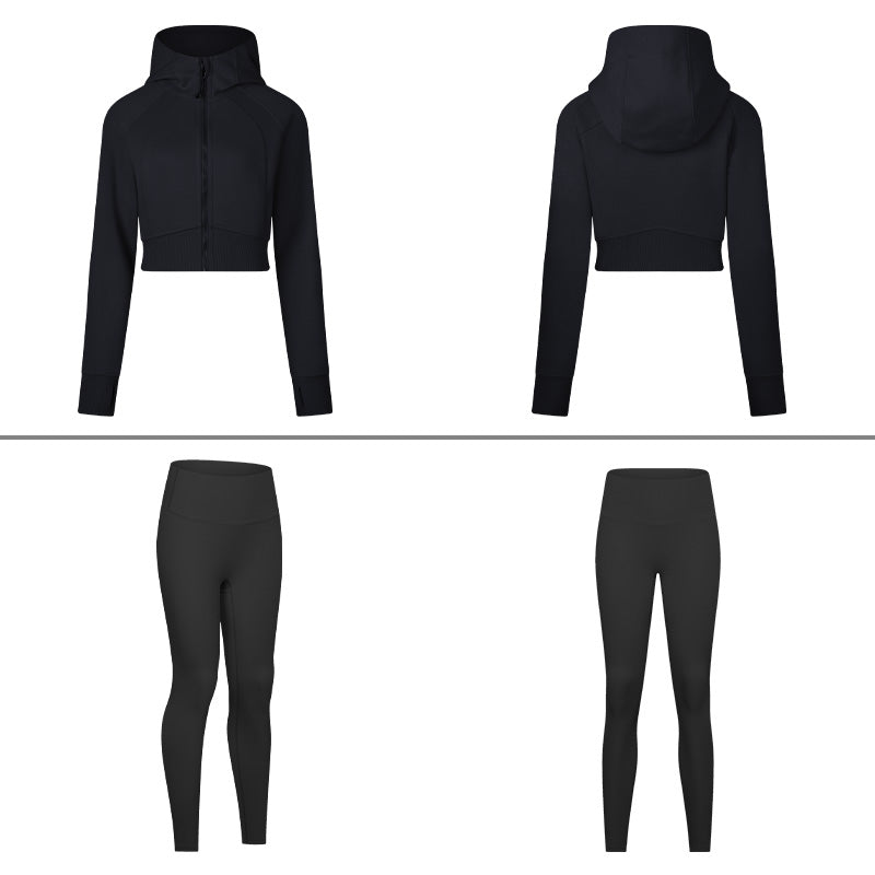 zipper hooded jacket + leggings 2-piece set