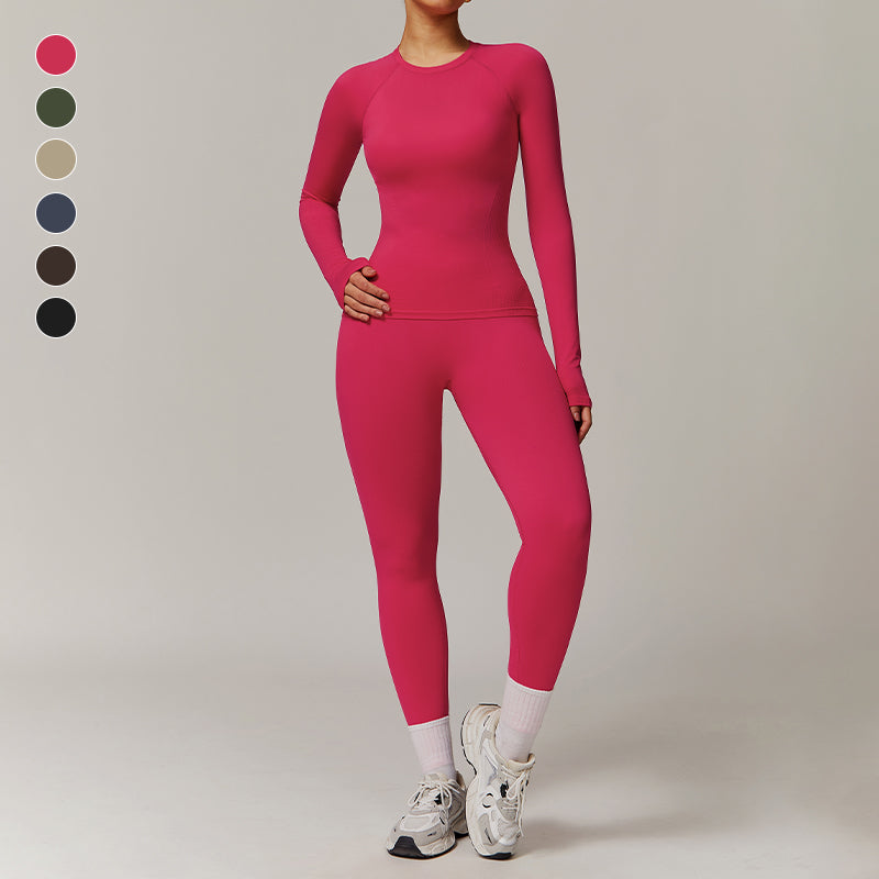 Threaded seamless long-sleeved top+ tight leggings 2 pieces set