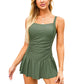 Solid Color Gathered Athletic Tank Top Swimsuit Set