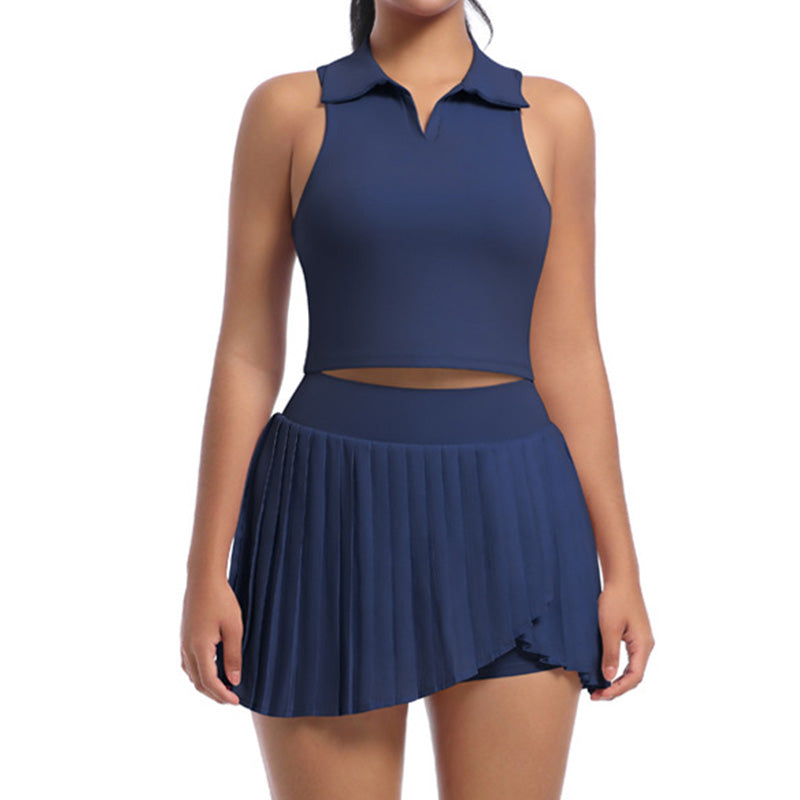 polo collar high-waist sports tennis fitness skirt 2-piece set