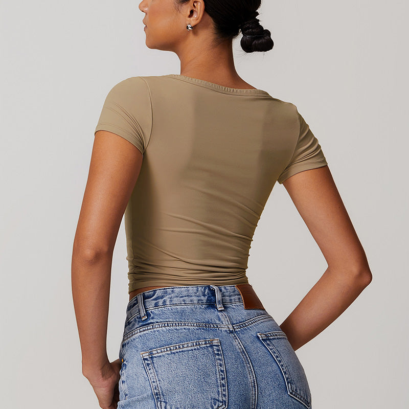 Breathable Buttons V Neck Short Sleeve Crop Top