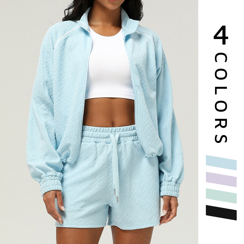 Casual stand collar contrasting color jackets + Fitness shorts 2 piece set