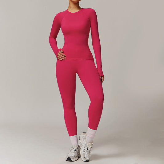 Threaded seamless long-sleeved top+ tight leggings 2 pieces set