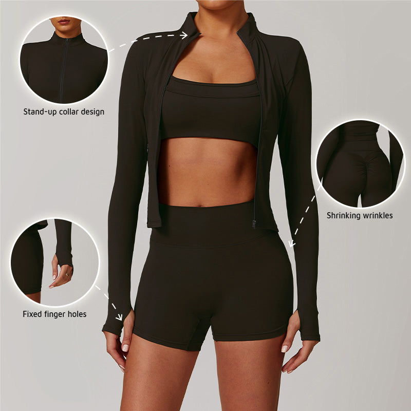 Long Sleeve Full Zipper Fitness jacket + High waist shorts 2-piece set