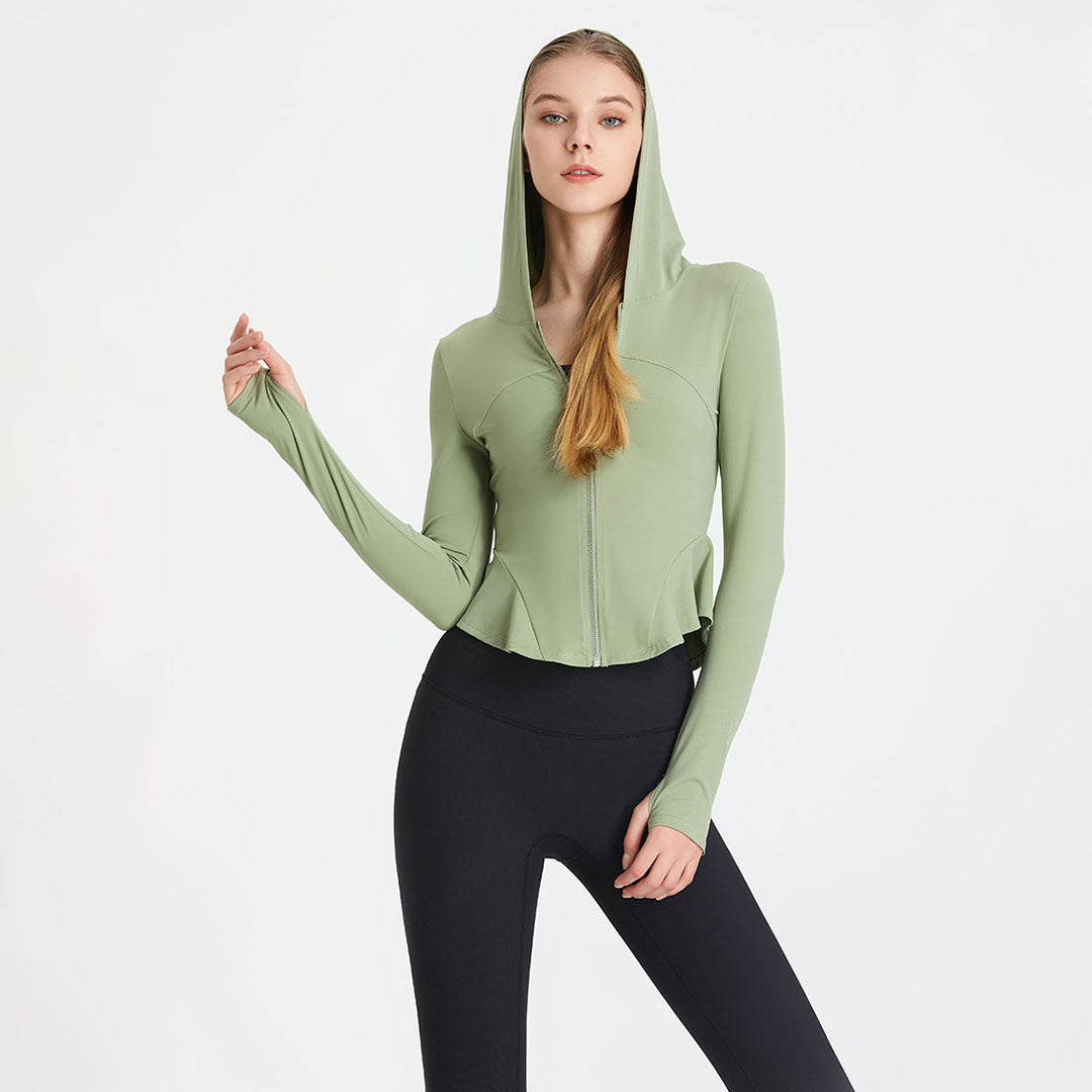 Cropped zipper, long-sleeved hooded top