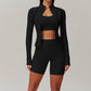 stand collar Full Zipper Fitness jacket + High waist shorts 2 piece set