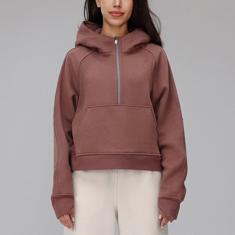 Velvet warm hooded half zip loose sports Sweatshirt