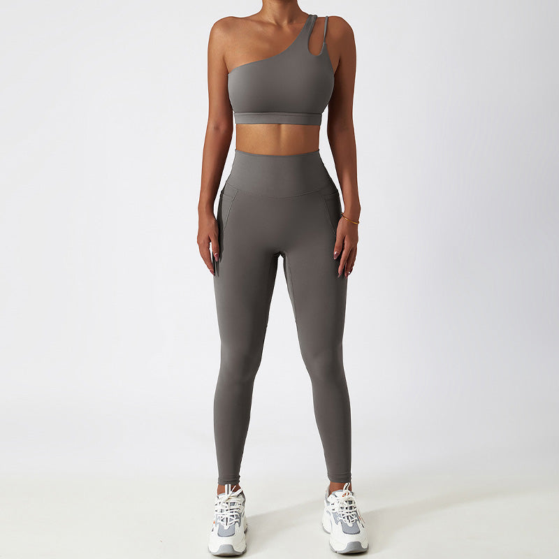 Quick-dry one shoulder sports bra + High waist leggings 2 pieces set