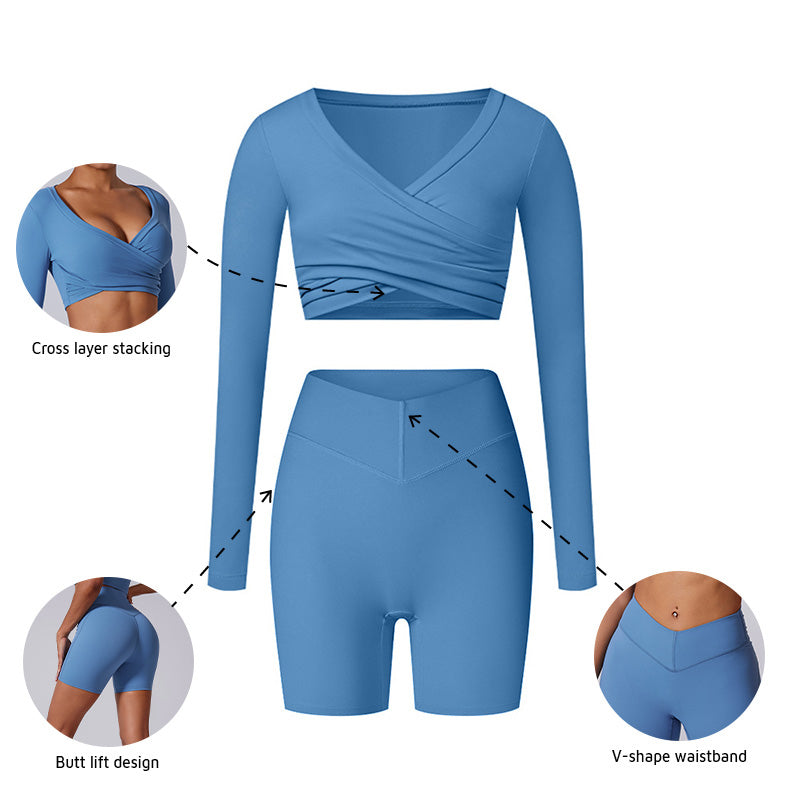 cross long sleeve sports crop top + high waist shorts 2-piece set