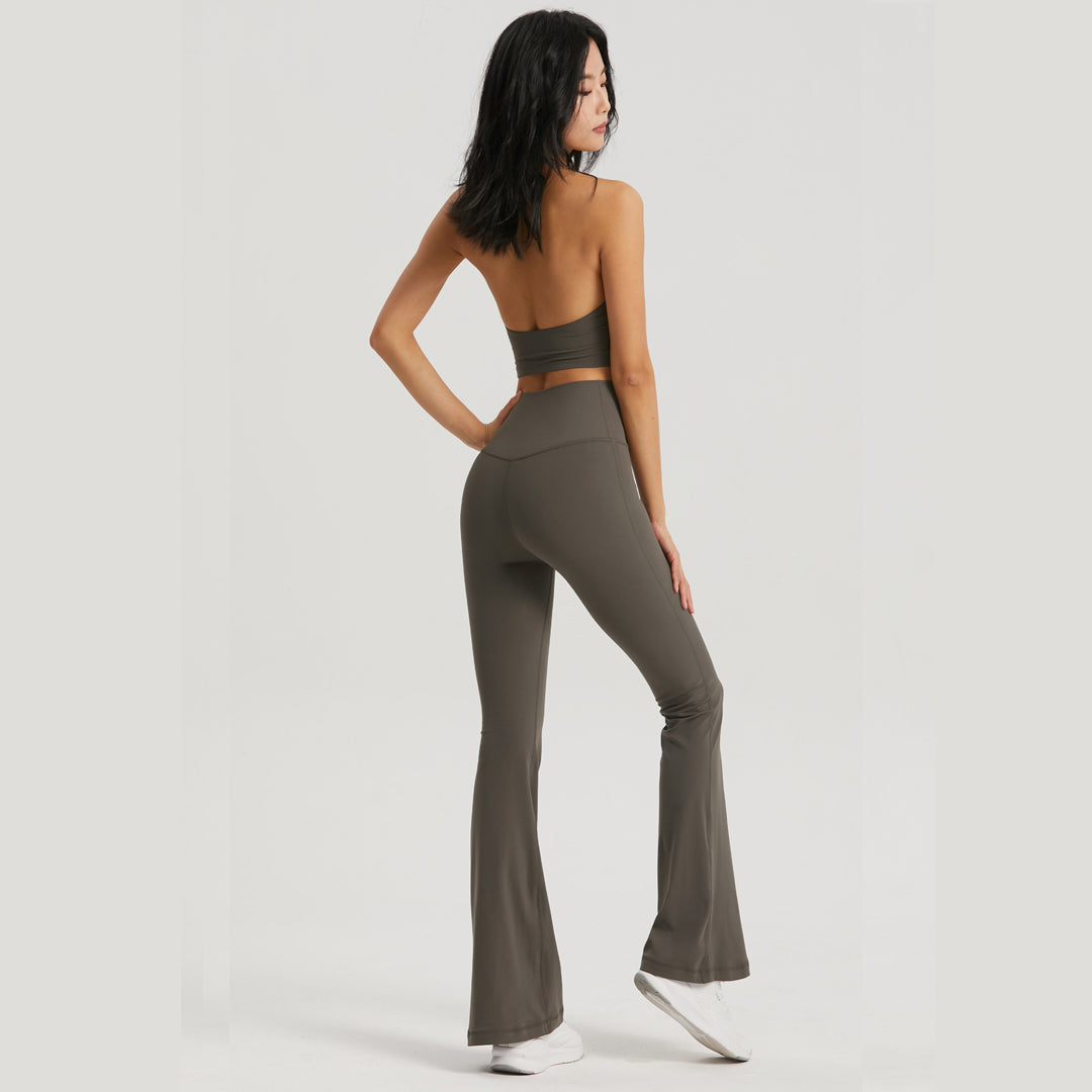 Ensemble 2 pièces pantalon évasé de couleur unie + soutien-gorge de sport