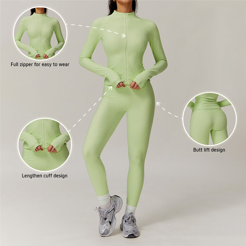 stand collar Full Zipper Fitness jacket + High waist leggings 2 piece set