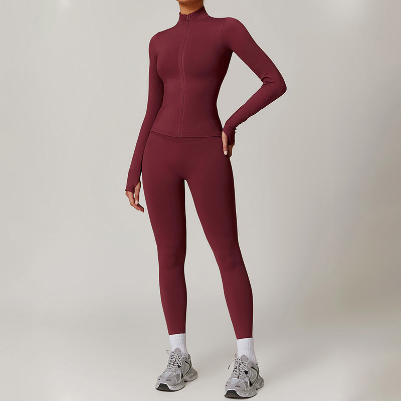 stand collar Full Zipper Fitness jacket + High waist leggings set