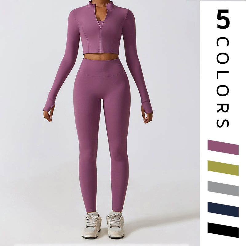 High waist elastic yoga jacket three-piece set